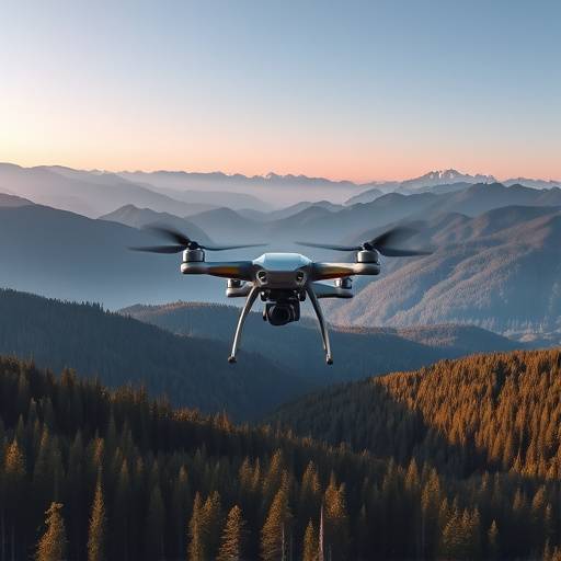 A drone capturing aerial footage of a scenic landscape, showcasing mountains and forests.