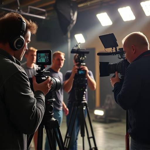 A film crew in action, capturing footage with professional cameras and lighting equipment.