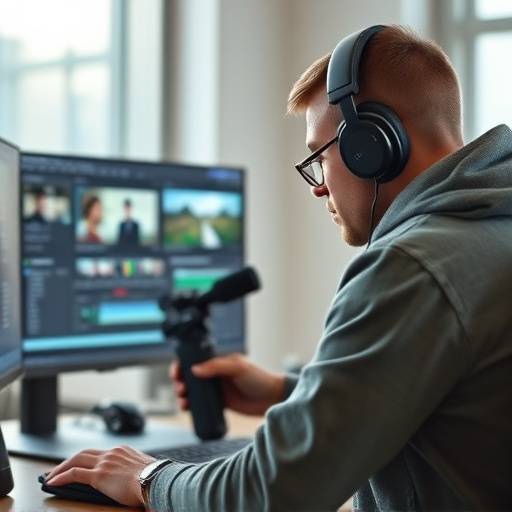 A video editor working on a computer with editing software, fine-tuning a video project.