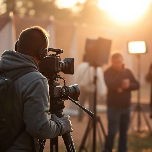 Behind the scenes shot of a film crew setting up lighting equipment for a scene.