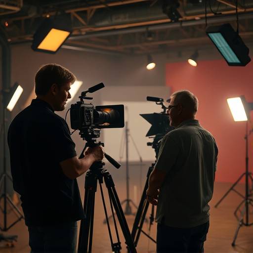 Image from behind the scenes of a documentary shoot, showing the film crew setting up a complex lighting arrangement.