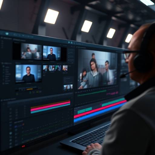 Image of a video editor working on a complex video timeline in professional editing software.