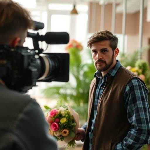Image of an actor on set during the creation of a promo video for Harmony Blooms Florist.