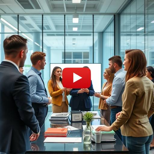 Still from a corporate training video, featuring a diverse group of employees in a modern office.
