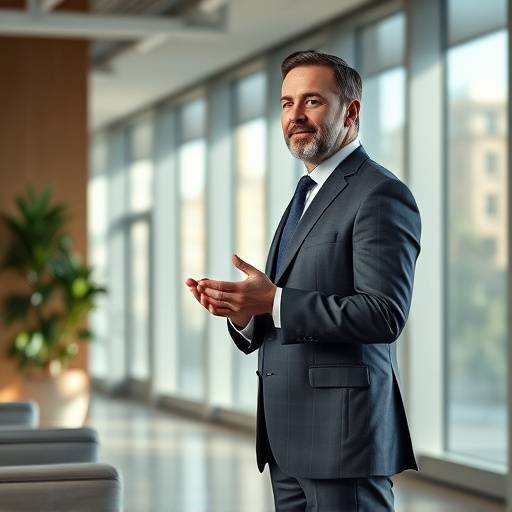 Still from a corporate training video shoot, showing a presenter in a modern office setting.