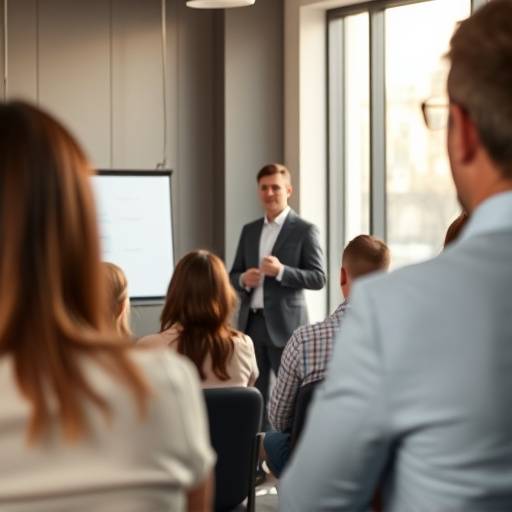 Still from the 'Effective Communication Strategies' corporate training video, showcasing a presenter engaging with the audience.